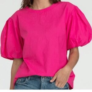 Olivia‎ James Puff Sleeve Top Crew Neck Blouse Hot Pink Cotton Size  Small